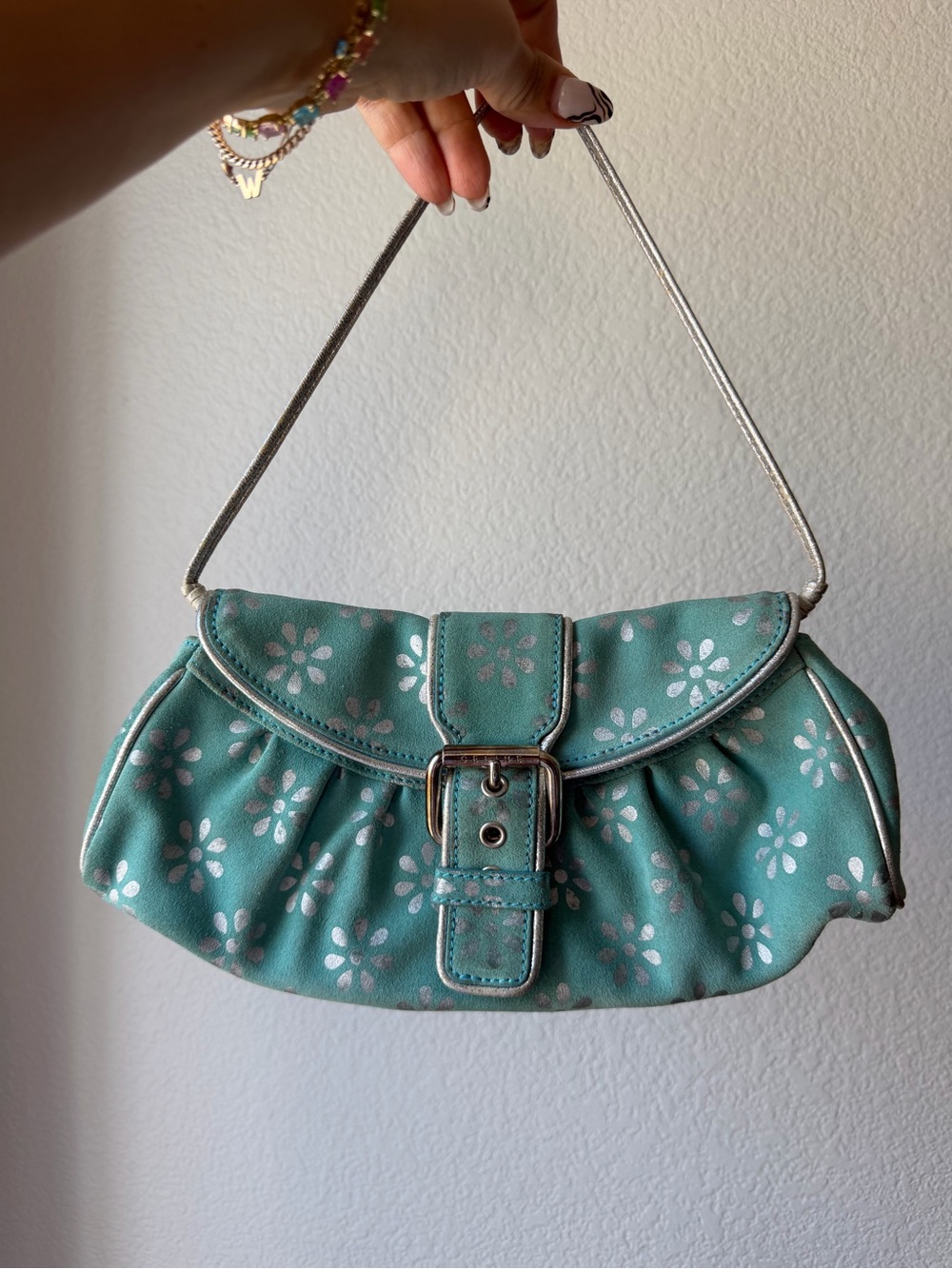 Vintage Celine teal Floral Buckle Shoulder Bag
